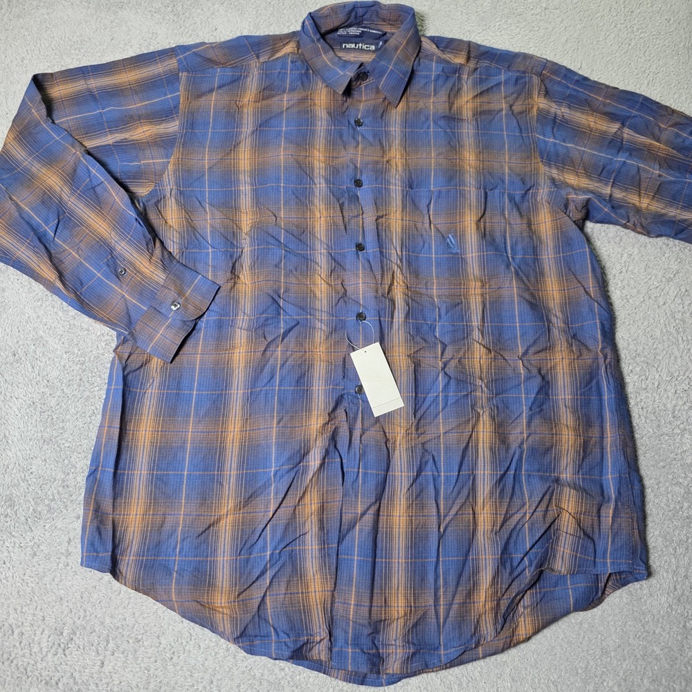 Nautica Mens Large Button Down Shirt Blue Orange Plaid Rayon Long Sleeve W84596